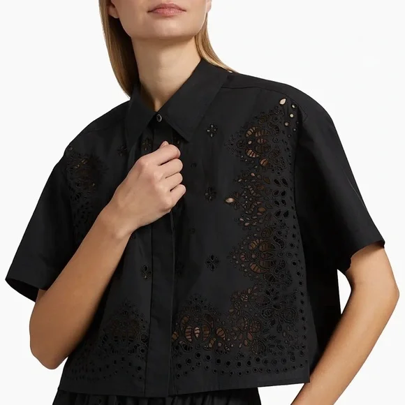 A.L.C Jade Black Cotton Eyelet Embroidered Short Sleeves Blouse Top size L - Picture 2 of 14